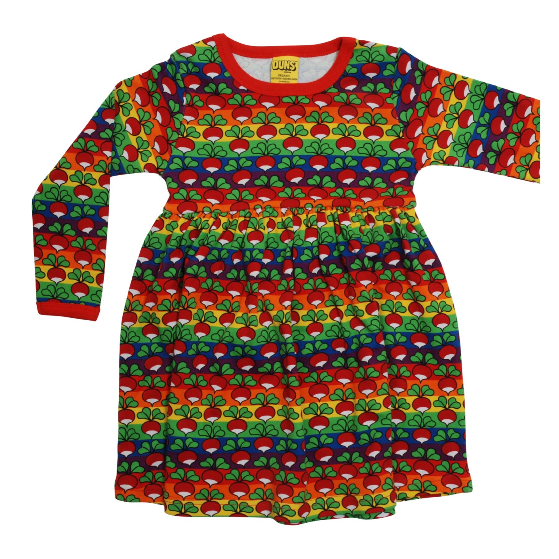 DUNS Sweden Dress Twirly LS Radish Rainbow Stripe