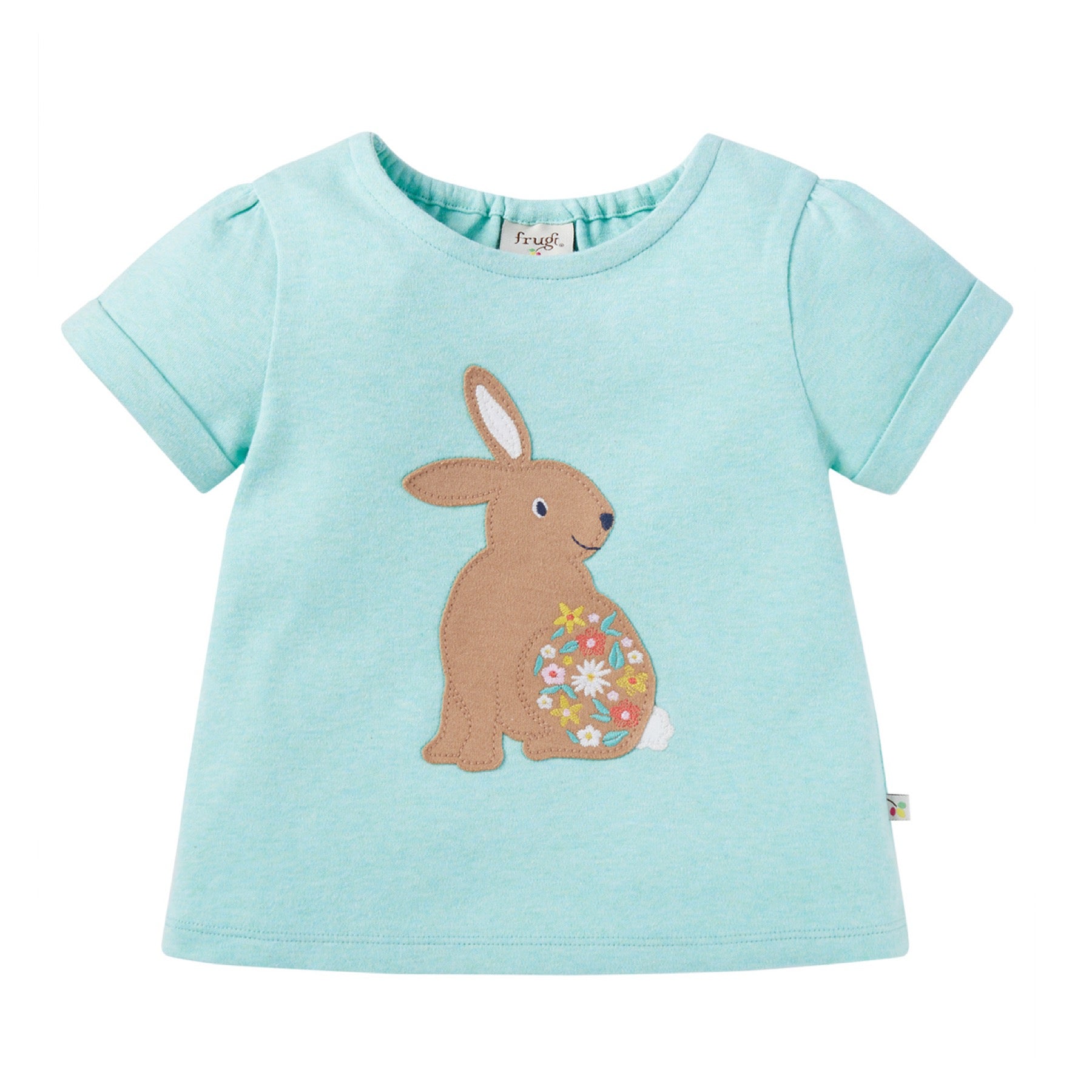 Frugi Evie Applique T-Shirt Spring Mint Marl/Rabbit